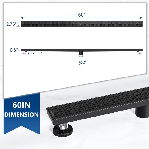 Neodrain 60-Inch Black Linear Shower Drain with Removable Quadrato Pattern Grate,Professional 304 Stainless Steel Rectangle Shower Floor Drain Manufacturer,Leveling Feet,Hair Strainer,Matte Black