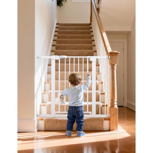 BABELIO 36 Tall Dog Gate PressGuard C5, 26-40 Wide Auto Close Baby Gate, Pressure Mounted Metal Pet Gate, Easy Install No Drilling, No Tools Needed, with Wall Protectors and Extension Kits, White