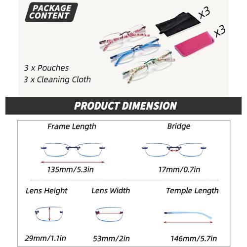 JJWELL 3 Pack Blue Light Blocking Reading Glasses for Women, Anti Eyestrain/Computer Glare UV 400 Filter Readers with Spring Hinge, Lightweight Rimless Tinted Metal Blue Rays Eyeglasses (3.00)