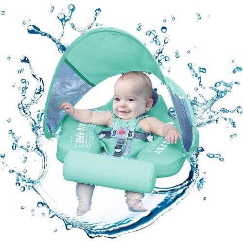 Mambobaby Baby Swim Float with Canopy & Tail Infant Pool Float Non-Inflatable Toddler Swim Float with Skin-Friendly Material for 3-24 Months Baby Boys Grils Elephant Green