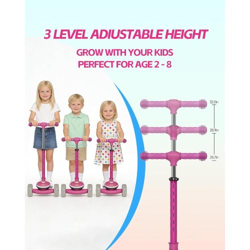 Kids Scooter for Toddlers Ages 2-5, 3 Wheel Scooter with Lean-to-Steer, Adjustable Handlebar, Anti-Slip Deck, Light-Up Wheels, Foldable First Scooter for Boys and Girls