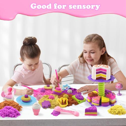 Baking Ice Cream Sensory Sand Kit for Girls, 2lbs Magic Play Sand, 7 Cake & 6 Ice Cream Molds, 10 Sand Tools, 6 Cookie Tools, Waffle Donut Molds, Sensory Bin Toys for Toddlers 3 4 5 6 7 8