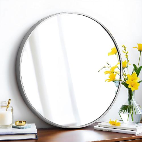 SCWF-GZ 24 Round Mirror Circle Wall Mounted Hanging or Against Wall Aluminum Alloy Metal Frame Dressing Make-up Mirrors for Entryway Bedroom Bathroom Living Room 24 inch Silver