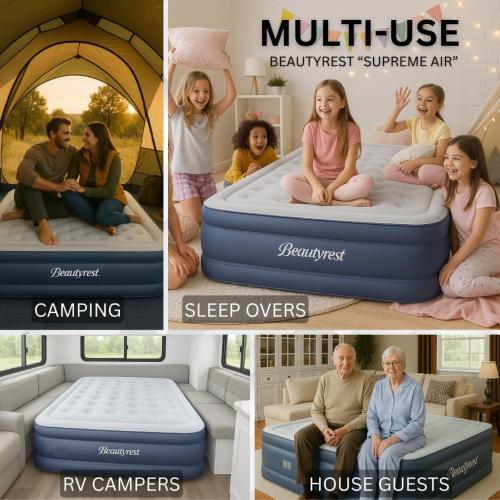 Beautyrest Supreme Air, Queen Size Air Mattress with Built-in Pump, Raised Inflatable Bed for Adults, Puncture-Resistant Vinyl, Auto Shut-Off, 650lb Support, Guest Bed, Camping Airbed, 3-Year Warranty