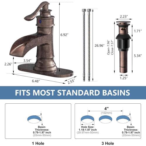 Homevacious Bathroom Faucet Copper Waterfall Bathroom Sink Faucets with Single Handle Rustic Vanity Farmhouse RV Faucet Suitable for 1 or 3 Holes with Pop-up Drain Deck Plate Hose