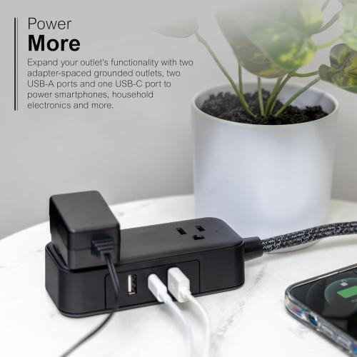 GE Flat Plug Power Strip Extension Cord with USB Ports, Travel Power Strip with 2 Outlets 3 USB Ports, Cruise Ship Essentials, 6 Ft Braided Small Extension Cord Flat Wall Plug, ETL Listed Black, 82586