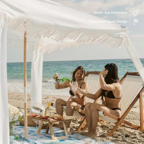 AMMSUN Beach Cabana with Fringe, 7' x 7' Boho Beach Canopy with Tassels, Easy Set up & Premium Wood Pole, Cabana Tent with Sand Pockets, Instant Sun Shade for Sand, Garden, Patio, Elegant White