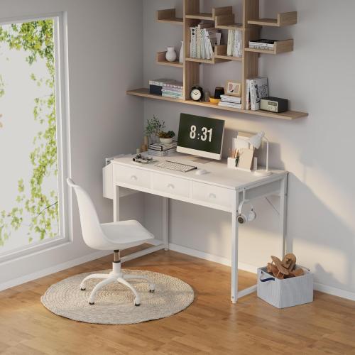 Small White Computer Desk with Fabric Drawers for Home Office Bedroom, 40 Inch Vanity Desk with Drawer Storage and Side Pouch, Study Writing Table, White