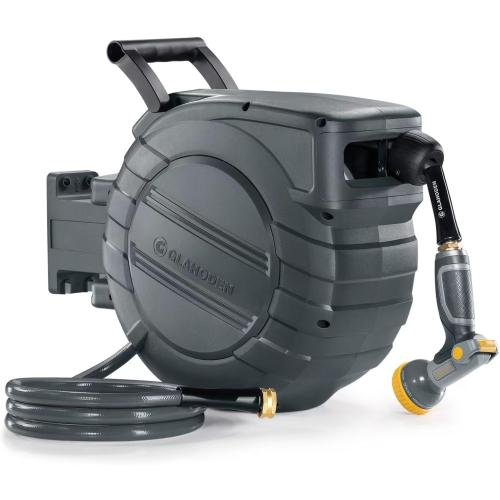 Retractable Garden Hose Reel 1/2 in x 100 ft, 2025 Upgraded Dual Ratchet Lock UV & Freeze Protection Brass Seal Slow Retraction Anti-Tangle Hose 180°Swivel Reinforced Scaffold Wall Mount