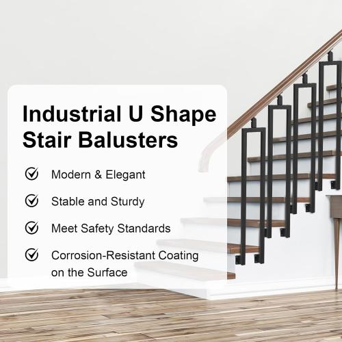 4 Pack U Shape 38.6 Stair Balusters with Adjustable Top Bracket for Staircase Interior, Side Mount Industrial Wrought Iron Balusters for Stair Handrail Porch Deck Railing Outdoor Steps