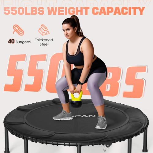 BCAN Adult Mini Trampoline, 48 Fitness Trampoline with Bungees, U Shape Adjustable Foam Handle, Stable & Quiet, Indoor Outdoor Workout-Black
