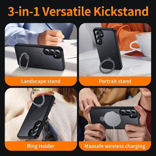 for Samsung Galaxy S24  Plus Case,Compatible with Magsafe,with 360°Rotatable Magnetic Ring Stand [Wireless Charging],Matte Translucent Slim Soft Edge Phone Kickstand,Black