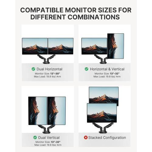 HUANUO Dual Monitor Stand - Full Adjustable Monitor Desk Mount Swivel Vesa Bracket with C Clamp, Grommet Mounting Base for 13 to 32 Inch Computer Screens - Each Arm Holds 4.4 to 19.8lbs