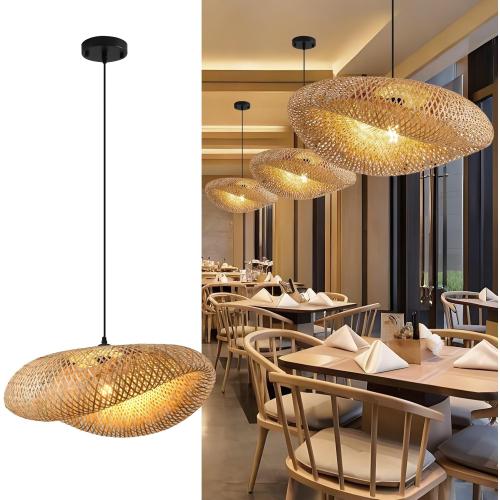Hand Woven Bamboo Pendant Light,23.62 in Bamboo Rattan Ceiling Hanging Light Hand Woven Wicker Chandelier for Living Room Kitchen Dining Room Farmhouse