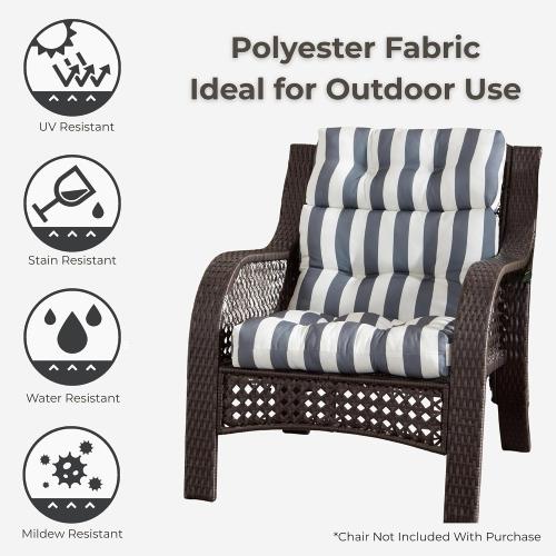 Outdoor Tufted High-Back Chair Cushions, One-Piece Hinged Seat and Back Design, Reversible with 4 Ties, Durable Polyester Fabric, Recycled Fiber Fill - Set of 2, Canopy Stripe Gray