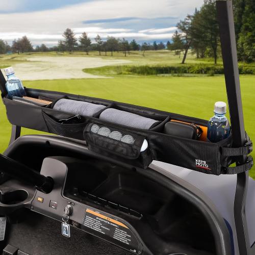 KEMIMOTO Upgraded Golf Cart Front Storage Basket No Drilling | Golf Cart Storage Tray Compatible with EZGO Drive Club Car Kandi Electric Golf Carts, 1680D Golf Cart Caddy Organizer, Black