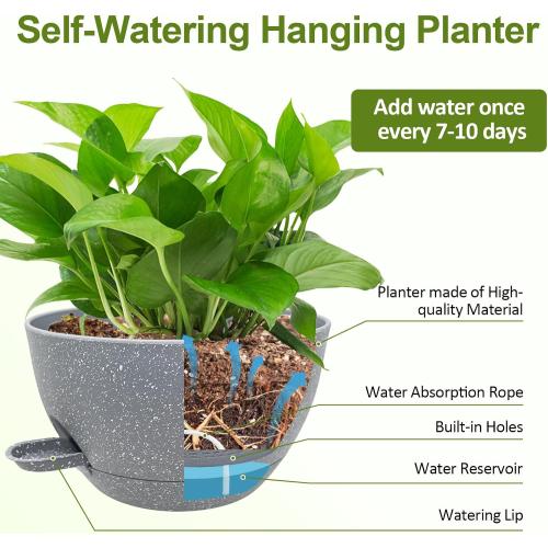 WOUSIWER Self Watering Hanging Planters, 2 Pack 10'' Plastic Pots with Drainage Holes & Reservoir Tray (Speckled Grey) | Indoor & Outdoor Use for Ferns, Ivy, Herbs, Succulents