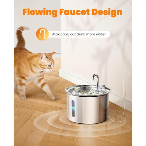 oneisall Stainless Steel Cat Water Fountain, 2L Water Fountains for Cats Indoor with Quiet Pump and 3 Replacement Filters, Pet Water Fountain Faucet Spout Design Cat Fountain Drinking Inside, PWF 001