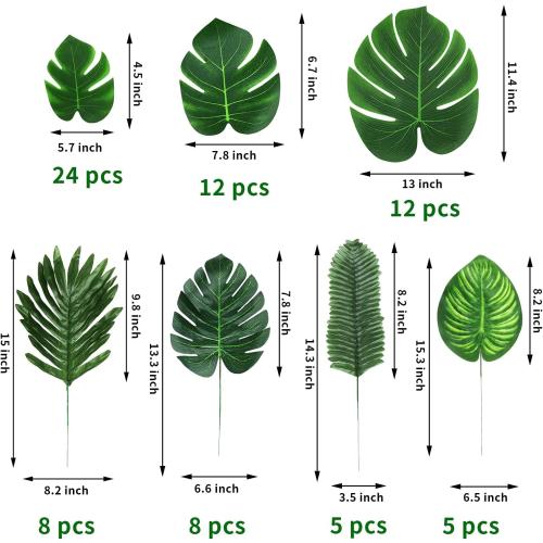 QUANQIUFEI 74 Pcs 7 Kinds Artificial Palm Leaves Tropical Fake Leaves, Monstera Leaf for Safari Jungle Hawaiian Dinosaur Luau Party Table Decoration Wedding Birthday Theme Party