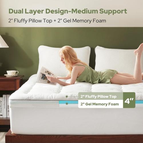 BEDLORE California King Memory Foam Mattress Topper 4 Inch,2-in-1 Dual Layer Design (2Gel Memory Foam   2Plush Pillow Top Cover) Mattress Topper Medium-Firm,Pressure Relief &Back Pain Support(White)