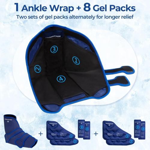 KingPavonini Ankle Foot Ice Pack Wrap for Sprained Ankle and Surgery Recovery, Reusable Gel Ice Packs for Feet Injuries, Plantar Fasciitis, Achilles Tendonitis, Hot/Cold Therapy (1 Wrap 8 Gel Packs)