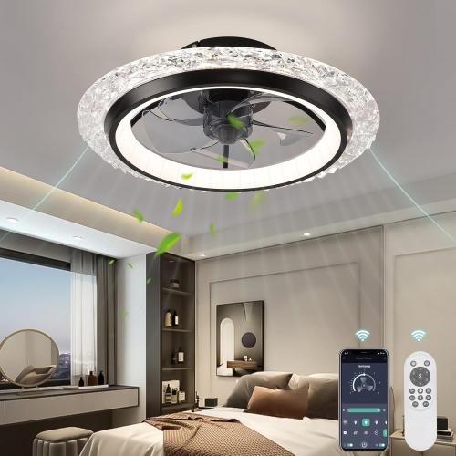 Black KINDLOV Modern Ceiling Fans with Lights, 19.7 Flush Mount Ceiling Fan with Dimmable Light and Remote,6-Speed Wind for Bedroom,Living Room,Low Profile Ceiling Fan with Light,Black