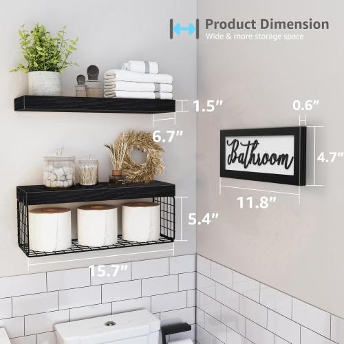 QEEIG Bathroom Shelves Over Toilet - Paper Storage Wall Mounted Farmhouse Decor Decorations Aesthetic Décor Sign Small Floating Shelf 2 1 Set 16 inch, Black (020B)