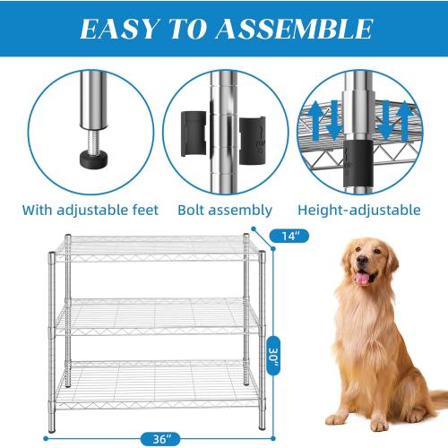 3-Shelf Adjustable Metal Shelf Wire Shelving Storage Rack for Office,Kitchen,Bedroom,Bathroom,Laundry,Pantry Basement,Garage(Chrome,36 L x 14 W x 30 H)