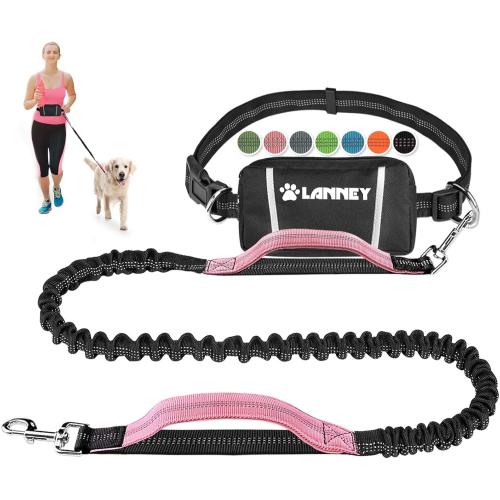 Hands Free Dog Leash Bungee Retractable Dog Running Waist Leash for Running Walking Jogging Training Hiking with Medium to Large Dogs, Adjustable Waist Belt Pouchouch, Reflective Stitches, Dual Handle