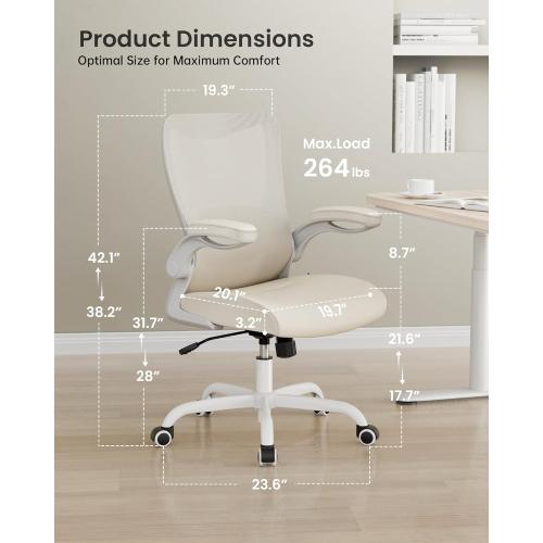 MUXX.STIL Office Chair, PU Leather Ergonomic Desk Chair with Adjustable Lumbar Support and Flip up Armrest, Breathable Mesh Computer Chair for Home Office, Khaki