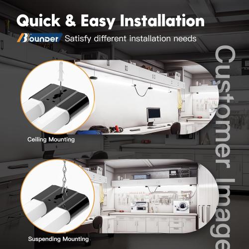 BBOUNDER 4 Pack Linkable LED Utility Shop Light, 4400 LM, Super Bright 6500K Cool Daylight, 4 FT Integrated Fixture for Garage, 40W Equivalent 250W, Surface   Suspension Mount, Black