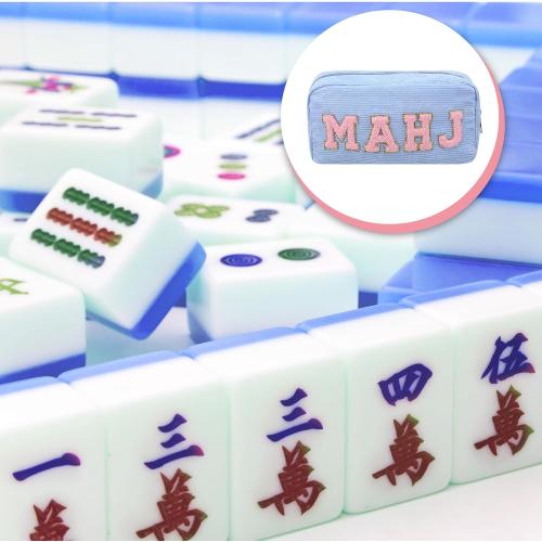 Empty Mahjong Bag Thickened American Mahjong Tiles Bag with Zipper Storage Pouch for Board Game Pieces Game Party Travel Gatherings Accessories, 10.4''x5.6'', Case Only (Mahj,Light Blue)