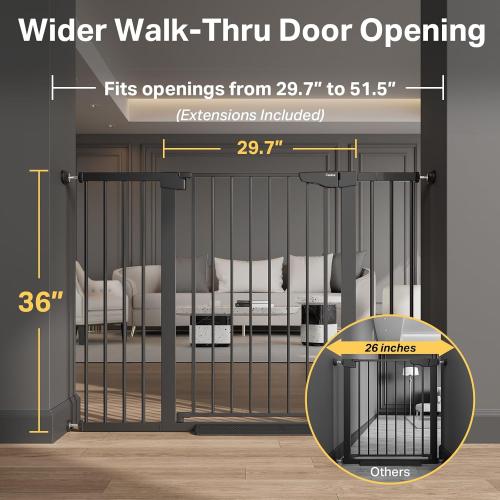 Cumbor 36 Extra Tall 29.7-51.5 Baby Gate for Stairs, Easy Walk Through Dog Gates for Doorways Extra Wide, Pressure Mounted Tall Pet Gate Indoor, Safety Auto-Close Child Gate for Kids, Black