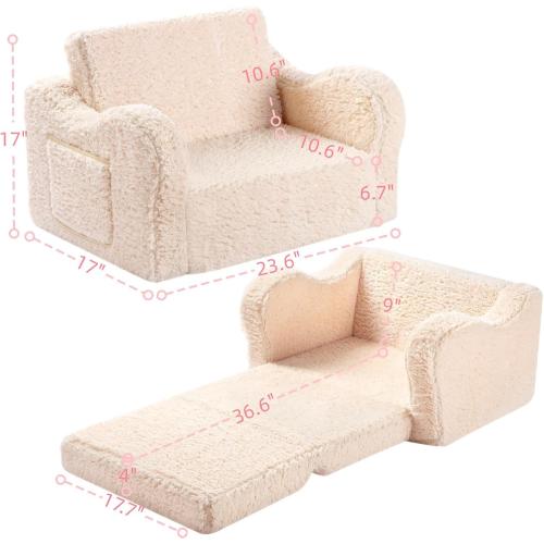 Kids Sofa, 2-in-1 Flip-Out Foam Couch with Soft Sherpa Cover, Cozy Play Lounge Chair, Cream