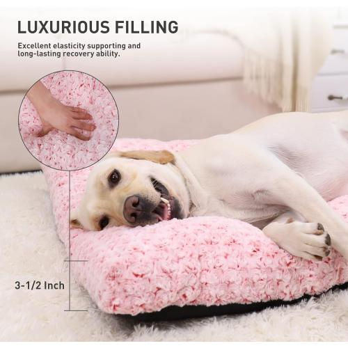 KSIIA Washable Dog Bed Deluxe Plush Dog Crate Beds Comfy Kennel Pad Anti-Slip Pet Sleeping Mat for Large, Jumbo, Medium, Small Dogs Breeds, 35 x 23, Pink