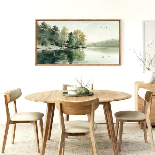 KAIRNE Framed Nature Canvas Wall Art Set,Misty Forest Wall Decor,Green Mountain Forest Pictures,Lake Water Painting set of 1(20”x40”),Landscape Scene Print for Living Room, Bedroom,Gallery Decor