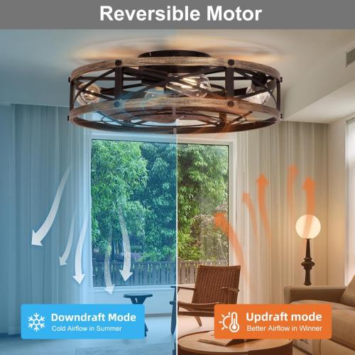 SHLUCE 22 Farmhouse Ceiling Fan with Light, Rustic Caged Bladeless Low Profile Ceiling Fans with Lights and Remote, Modern Flush Mount Ceiling Fans with Lights for Bedroom, Living Room - ETL