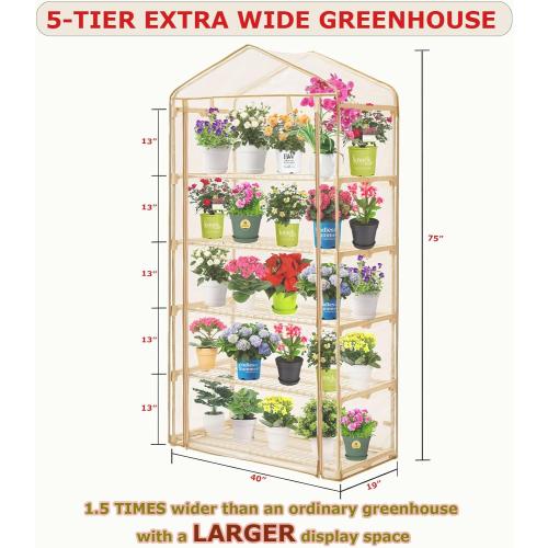 Beige Garden 50% Extra Wide Mini Greenhouse 5 Tier Portable Plant Green House 40 in Wide -Sturdy Gardening Shelves with PE Cover & Roll-Up Zipper Door-19″W. x 40″L. x63″H(PLGH1005OWP)