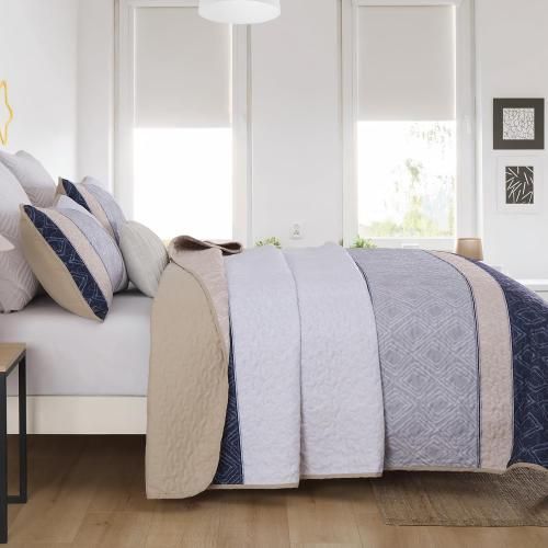 Cottolester Boho Quilt Set Queen Size 3 Pieces,Khaki and Navy Blue Striped Bedspread Coverlet Set,Bohemian Bedding Set Soft Microfiber Bedding Set for All Season 96x90