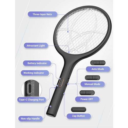 YISSVIC Electric Fly Swatter Bug Zapper Racket Dual Modes Mosquito Killer with Purple Mosquito Light Rechargeable for Indoor Home Office Backyard Patio Camping (Black 2 Pack)