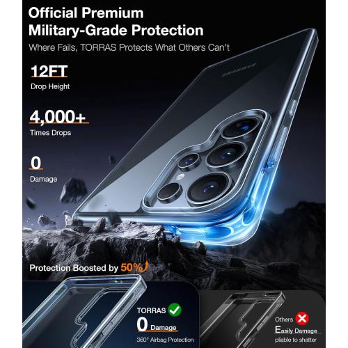TORRAS Shockproof for Samsung Galaxy S25 Ultra Case, [Non-Yellowing] [12FT Military-Grade Protection] Transparent Slim Case for Samsung S25 Ultra Case, Diamond Clear, Hard, 6.9'' Guardian Series
