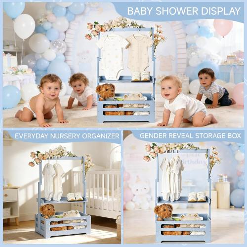 Baby Shower Crate Closet, Gender Reveal Storage Box with Wooden Baby Clothing Display Rack, Nursery Closet Organizer with Hanging Rod, Shelf & Toy Crate for Newborn Boy or Girl - Blue