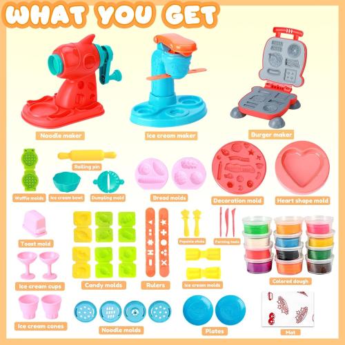 3 in 1 Color Dough Kitchen Creations Set, Ice Cream Spaghetti Burger Maker Machine, Art Crafts Food Modeling Toys, Accessories Tools Kit for Boys Girls Kids Toddlers Ages 3  (12 Colors Dough)