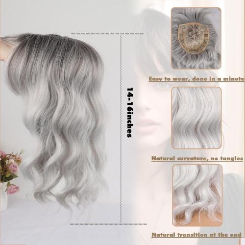 CINHOO Short Curly Wavy Grey Hair Toppers for Women with Thinning Hair,Short Wigs with Bangs Synthetic 360° 3D Hairpiece Clip in Bob Halloween Wig Gifts for Women(Ombre gray)