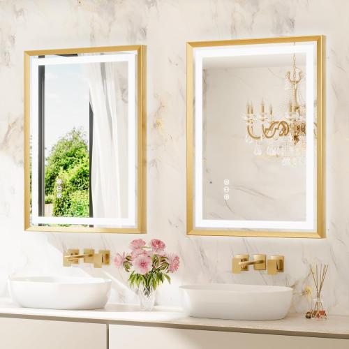 24x36 LED Mirror for Bathroom, Brushed Gold Metal Frame Mirror with Backlit   Front Lit, Bathroom Mirror with Lights, Anti-Fog, Dimmable, Lighted Mirror Tempered Glass(Horizontal/Vertical)