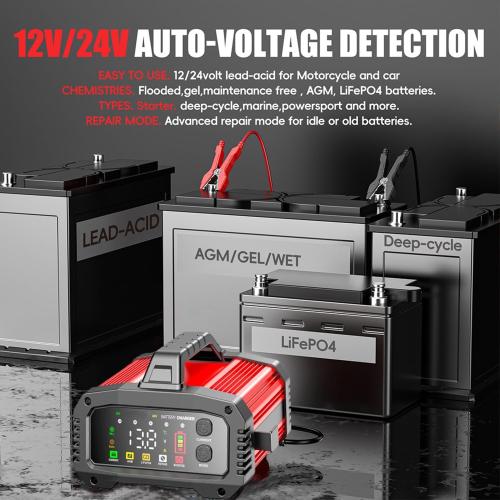 Black and Red 25A Battery Charger, 2/8/20/25 Amp 12V/24V LiFePO4 Lead Acid Fully Automatic Battery Maintainer with Engine Start, 8-Stage Car Battery Trickle Charger, Desulfator for AGM,STD,Gel,Deep Cycle Batteries