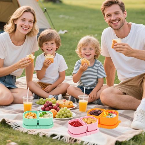 Bento Box 2 Pack Silicone Reusable Snack Containers with Lids, Double Compartment Snack Containers, Silicone Snack Box, Snackle Box Container for Travel, Office, Picnic(Pink/Green)