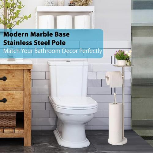 Noonext Toilet Paper Holder Stand with Shelf, Freestanding Toilet Paper Holder, Heavy Marble Base No Tipping Over (Brushed Nickel)