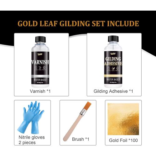 Gold Leaf Gilding Adhesive Set - 100ml Metal Leaf Glue & 100ml Protective Varnish, Gold Foil Sheets 100pcs, Fast Dry Gold Leaf Kit for Art, Crafts, Furniture and Painting, Non Toxic, Long-Lasting