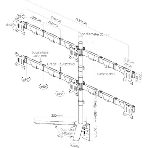 Hex Six Monitor Desk Mount Arm, 6 Screen Fully Adjustable Bracket Stand Fits Screens up to 32 inch, 19.8 lbs Weight Capacity per Screen, Black HLX35JX-6P